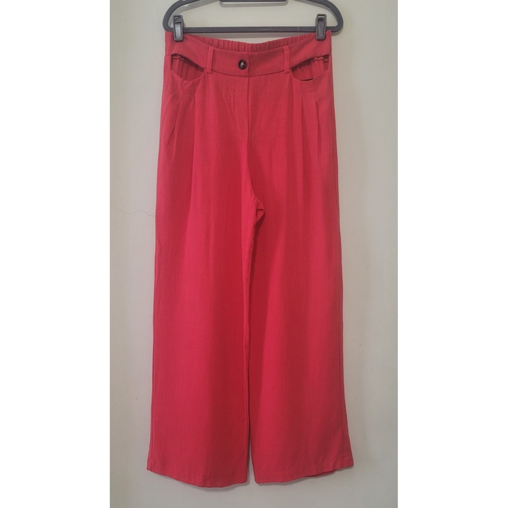 Monteau Womens Pants Size Large Red Linen Blend Wide Leg Pleated Cut Out NWT